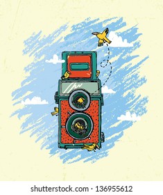 Vintage camera with two lenses and birds, hand-drawn