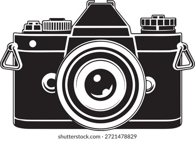 Ilustração de vetor de câmera vintage. Equipamento de fotografia antigo. Projeto retrô. Câmera de filme clássico. Arte em contorno preto e branco.