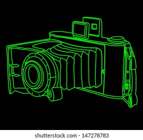 vintage camera vector isolated on black background green line
