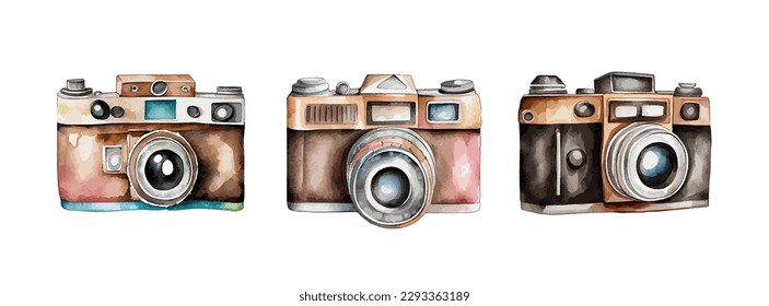 Vintage camera watercolor isolated on white background. Photography concept, hipster design elements. Vector illustration