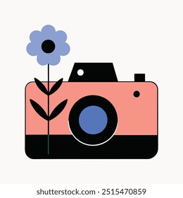 Vintage Camera with Wild Blue Flower Vector Illustration in Minimalist Style