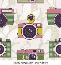 Vintage cameras colorful seamless pattern. vector illustration