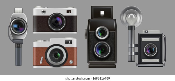 Vintage cameras. Electronic gadgets retro photo technic for professional workers vector realistic illustrations isolated