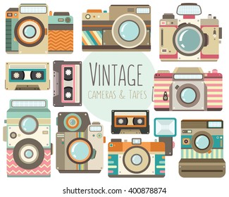 Vintage Cameras and Retro Cassette Tapes Vector