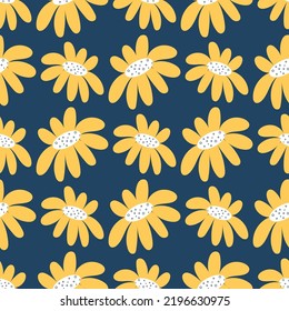 Vintage camomile pattern on blue background. Seamless floral pattern. Vector botanical illustration.