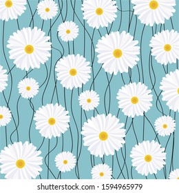 Vintage camomile pattern on the turquoise background.  Seamless floral pattern. Vector botanical illustration.