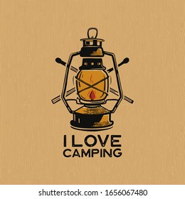 Vintage camp lantern patch logo, I love camping badge. Outdoor adventure emblem. Stock vector.