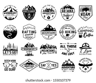 Vintage camp logo bundle, mountain badges set. Hand drawn labels designs. Travel expedition, canoe, wanderlust and hiking. Outdoor emblems. Logotypes collection. Stock vector isolated on white