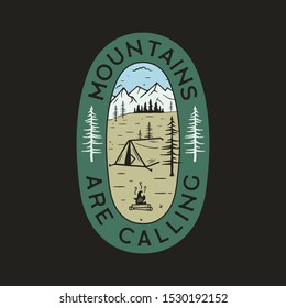 Vintage camp logo, mountain badge. Hand drawn label design. Travel expedition, wanderlust and hiking. Mountains are Calling outdoor emblem. Travel logotype. Stock vector.