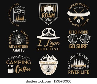 Vintage camp logos, mountain adventure badges set. Hand drawn labels designs. Travel expedition, wanderlust and scouting. Outdoor emblems. Logotypes collection. Stock vector