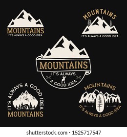 Vintage camp logos, mountain badges set. Hand drawn labels designs. Travel expedition, wanderlust and hiking. Outdoor emblems. Logotypes collection. Stock vector