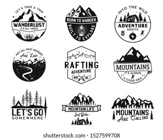 Vintage camp logos, mountain badges set. Hand drawn labels designs. Travel expedition, wanderlust and hiking. Outdoor emblems. Logotypes collection. Stock vector isolated on white