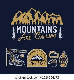 Vintage camp logos, mountain badges set. Hand drawn labels designs. Travel expedition, wanderlust and hiking. Mountains are Calling outdoor emblems. Logotypes collection. Stock vector.