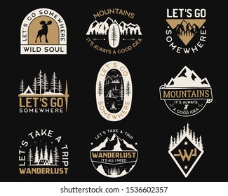 Vintage camp logos, mountain badges set. Hand drawn labels designs. Travel expedition insignia with wild animals, wanderlust and hiking elements. Outdoor emblems. Logotypes collection. Stock vector