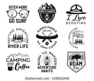 Vintage camp logos, mountain badges set. Hand drawn labels designs. Travel expedition, canoe, wanderlust and hiking. Outdoor emblems. Logotypes collection. Stock vector isolated on white