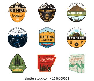 Vintage camp logos, mountain color badges set. Hand drawn labels designs. Travel expedition, wanderlust and hiking. Outdoor emblems. Logotypes collection. Stock vector isolated on white