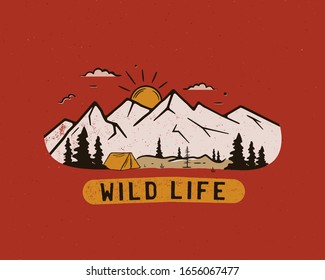 Vintage Camp Patch Logo, Mountain Wildlife Badge With Trees And Tent. Outdoor Adventure Emblem. Stock Vector.