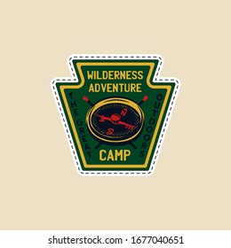Vintage camp patch logo, mountain wildlife badge with compass and matches. Outdoor adventure typography emblem. Stock vector.