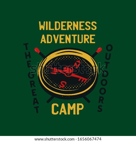 Vintage camp patch logo, mountain wildlife badge with trees and tent. Outdoor adventure emblem. Stock vector.