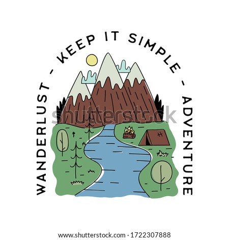 Vintage camp patch logo, mountain life badge. Hand drawn sticker design. Travel expedition, backpacking label. Wanderlust Keep it simple text. Outdoor wanderlust emblem. Stock vector.