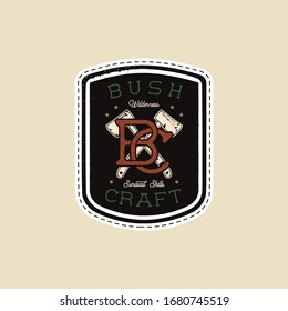 Vintage camp patches logo, mountain badge. Hand drawn sticker design. Travel expedition, backpacking label. Outdoor emblem - Bushcraft, wilderness skills quote. Stock vector.