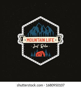 Vintage camp patches logo, mountain life badge. Hand drawn sticker design. Travel expedition, backpacking label. Outdoor wanderlust emblem. Stock vector.