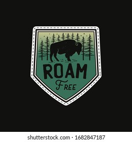 Vintage camp patches logo, mountain life badge. Hand drawn sticker design. Travel expedition, backpacking label. Outdoor wanderlust emblem with buffalo. Stock vector.