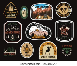 Vintage camp patches logos, mountain badges set. Hand drawn stickers designs. Travel expedition, backpacking labels. Outdoor hiking emblems. Logotypes collection. Stock vector.