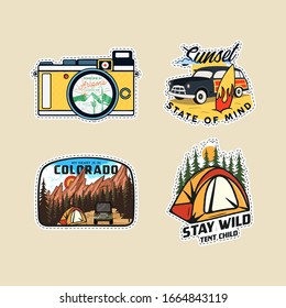 Vintage camp patches logos, mountain badges set. Hand drawn stickers designs. Summer vacation labels. Outdoor hiking emblems. Logotypes collection. Stock vector.