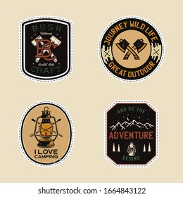 Vintage camp patches logos, mountain badges set. Hand drawn stickers designs. Travel expedition, backpacking labels. Outdoor emblems. Logotypes collection. Stock vector.