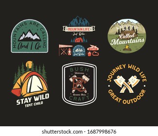 Vintage camp patches logos, mountain badges set. Hand drawn stickers designs bundle. Travel expedition, backpacking labels. Outdoor adventure emblems. Logotypes collection. Stock vector.