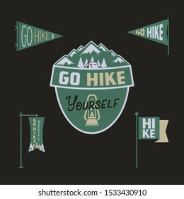 Vintage camp pennants and logos collection, Go hike yourself stickers. Hand drawn colored badges design. Travel expedition, wanderlust retro graphics. Hiking logotypes. Stock vector.