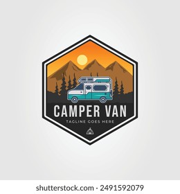 vintage camper van or caravan vehicle logo vector illustration design