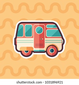 Vintage camper van sticker flat icon with color background.