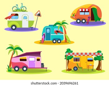 Vintage camper vans flat vector illustrations set. Different caravans, trailers or RVs for family holiday, campsite, home on wheels isolated on yellow background. Traveling, vacation, camping concept