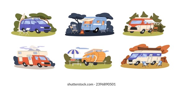 Vintage campers car outdoors set. Holiday caravans, travel vans. Retro motorhomes for camping in nature. Auto home on campground, campsite. Flat isolated vector illustration on white background