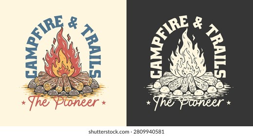 Vintage Campfire with Firewood Logs Rustic. Retro Bonfire Outdoor Camping Wilderness Survival Pioneer Vector Illustration