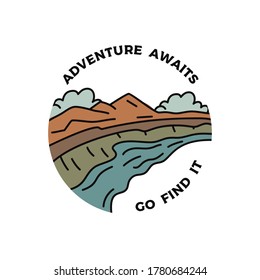 Vintage camping adventure badge illustration design. Outdoor logo emblem with mountains valley and text - Adventure awaits go find it. Unusual linear hipster style patch. Stock vector