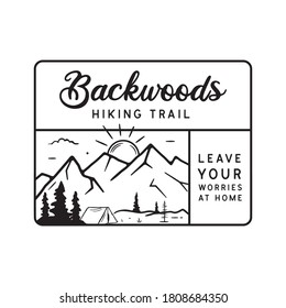 Vintage camping adventure logo emblem illustration design. Outdoor label with tent, mountain scene and text - Backwoods Hiking Trails. Unusual linear style sticker. Stock vector.