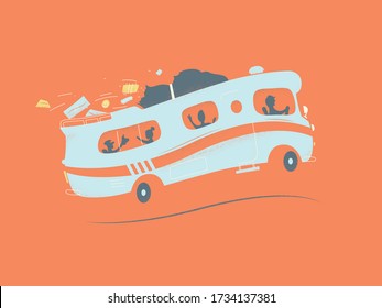 Vintage camping car para viajes increíbles y nueva aventura. Camión de caravanas. Afiche retro con cámara. Libertad y viaje. Arte gráfico. Ilustración vectorial.