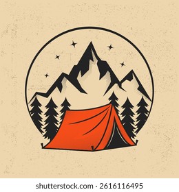 Vintage camping emblem with red tent, pine trees and mountain range under starry night sky. Outdoor adventure logo. Vector illustration