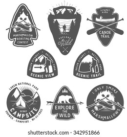 Vintage camping and hiking labels, badges, design elements 