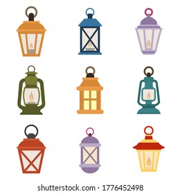 Vintage camping lantern flat, lamp icon, piece of cheese icon, vector illustration isolated on white background