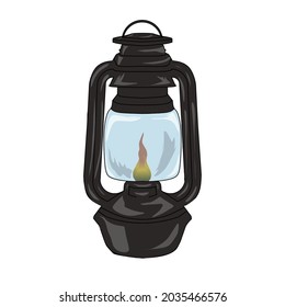 Vintage camping lantern isolated on white background, black retro gas lamp with glowing fire wick inside transparent glass.  Countryside tourist oil lantern vector illustration.  Old lamp for hiking