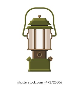 Vintage camping lantern isolated on white background. Retro gas lamp with glowing light. Rustic tourist oil lantern vector illustration. Old lamp for hiking.