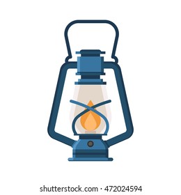 Vintage camping lantern isolated on white background. Retro gas lamp with glowing fire wick. Rustic tourist oil lantern vector illustration. Old lamp for hiking.