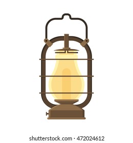 Vintage camping lantern isolated on white background. Retro gas lamp with glowing fire wick. Rustic tourist oil lantern vector illustration. Old lamp for hiking.