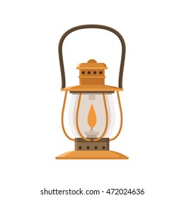 Vintage camping lantern isolated on white background. Retro gas lamp with glowing fire wick. Rustic tourist oil lantern vector illustration. Old lamp for hiking.