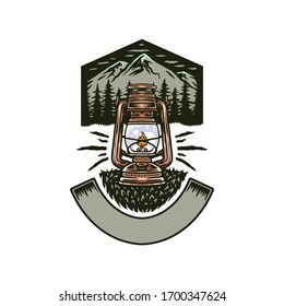 Vintage camping lantern with mountains, hand drawn line with digital color, vector illustration 