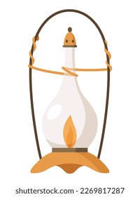 Vintage camping lantern or oil lamp. Handle gas lamps for tourist hiking. Flame glow camp fuel burn isolated on white background
